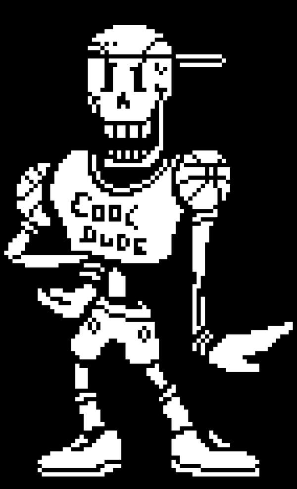 papyrus's sprite from undertale! he's in his cool dude date outfit and looking away from the camera, sweating. click him to go back to the main page!
