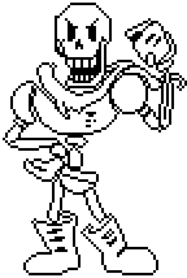 papyrus's sprite from undertale. he's looking at the camera sternly, with one hand on his hip and the other holding a book. click him to go back to the main page!
